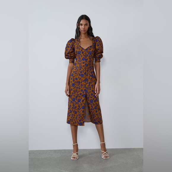 Zara | Dresses | Zara Blue And Brown Floral Printed Poplin Dress | Poshmark